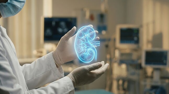 Doctor Holding Digital Hologram Kidney in Modern Hospital