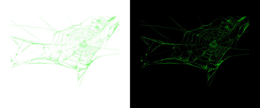 Green spiderweb design elements, glowing spider web graphics on black and white backgrounds, spooky halloween design assets
