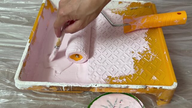 a hand dipping a paintbrush into light pink paint in a yellow tray with a roller. A home interior painting or DIY renovation project.
