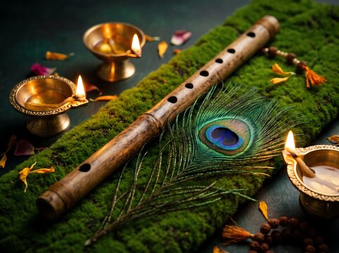 Traditional bamboo flute with peacock feather and glowing oil lamps for janmashtami festival