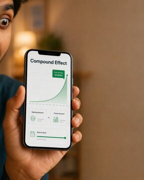 Surprised man holding smartphone displaying compound effect financial calculator app with growth graph