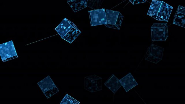 Abstract Animation Loop of Connected 3D Blockchain Cubes Floating Upward on a Transparent Background. DeFi tech, blockchain technology and distributed cryptocurrency fintech solution concept.