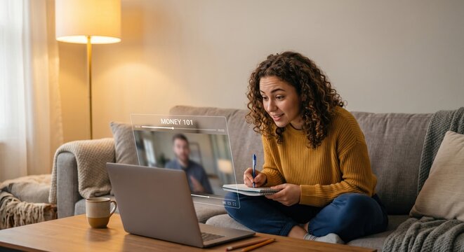 Young woman with curly hair taking notes while watching Money 101 online video course on laptop in cozy living room