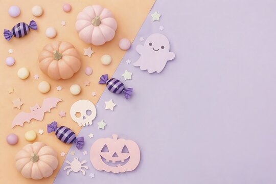Pastel halloween flat lay with pupkins, candy, bats, stars and spiders with copy space. Generatiev ai, AI generated