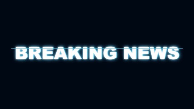 Professional breaking news digital screen title with glowing blue text and glitch line effect for news broadcast media.