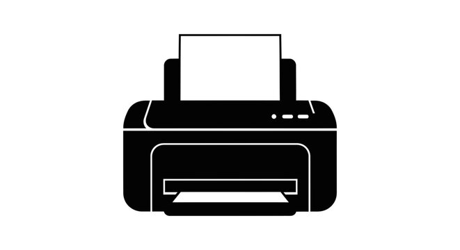 Black printer silhouette on a white background presents a modern office device silhouette