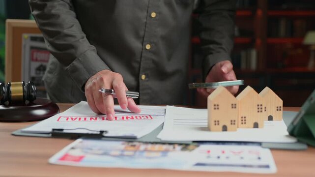 Real estate agent reviewing legal property contract document holding pen near miniature wooden houses court gavel office desk workspace execution transaction commercial agreement signing mortgage.