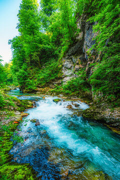 Wooden walkway through the Vintgar gorge near Bled lake in Slovenia,  breathtaking views of the Radovna river