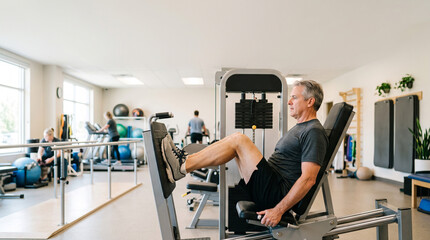 Fototapeta premium Senior man using leg press machine in a physical therapy gym