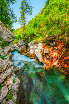 Velika Korita or Great canyon of Soca river near Bovec in Slovenia. Great river soca gorge in Triglav national park. Soca waterfall
