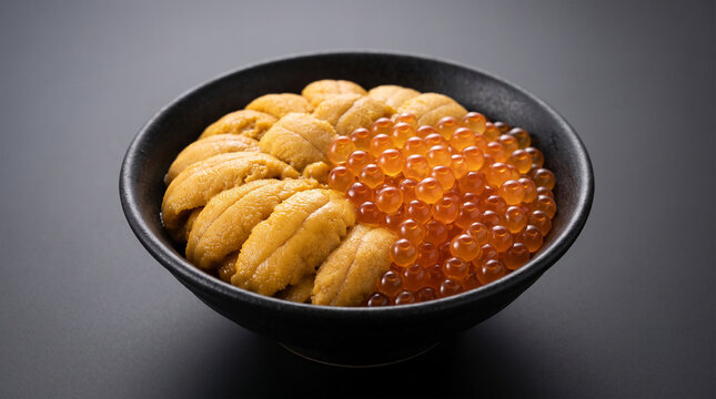 Fresh sea urchin and salmon roe bowl uni ikura don close up