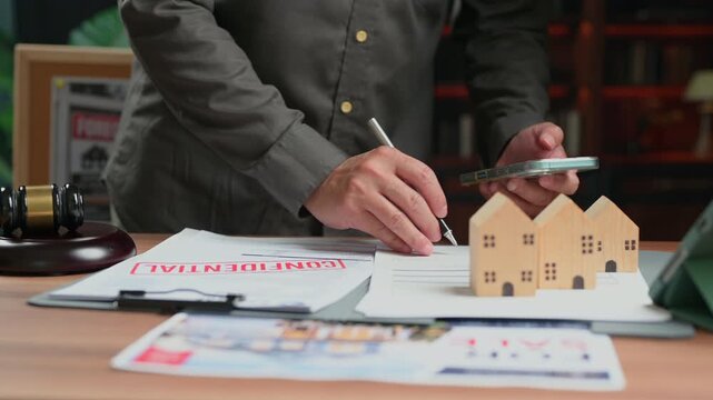 Person signing real estate contract document desk holding smartphone wooden house models gavel property purchase agreement transaction process business office worker paperwork signature loan mortgage.