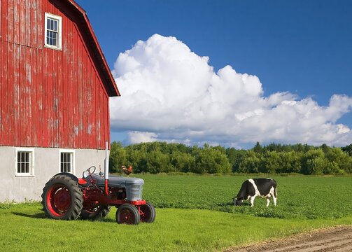 Farm scene with a red barn vintage tractor and a cow grazing in a rural pasture