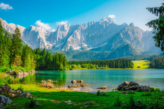Lake of Fusine or Lago Superiore di Fusine in the Mountain Range of Mount Mangart in Julian Alps near Tarvisio in Italy near Slovenia