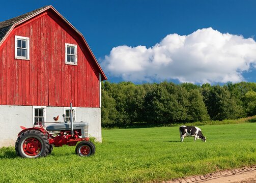 Farm landscape with a red barn vintage tractor and a cow in a sunny green pasture