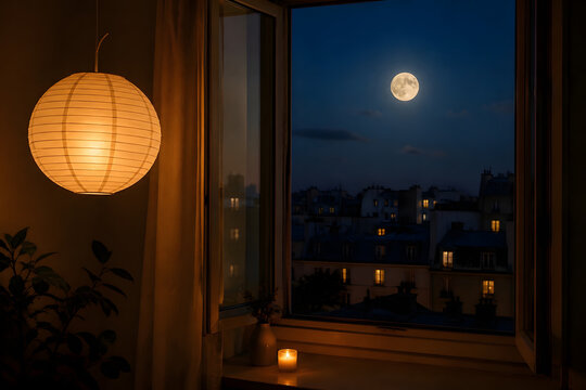 Glowing paper lantern beside city window and full moon