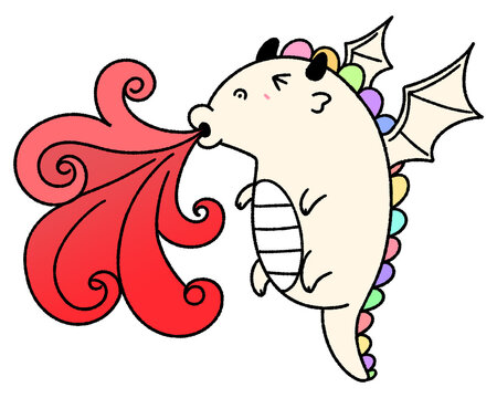 Cute hand drawn dragon breathing red fire