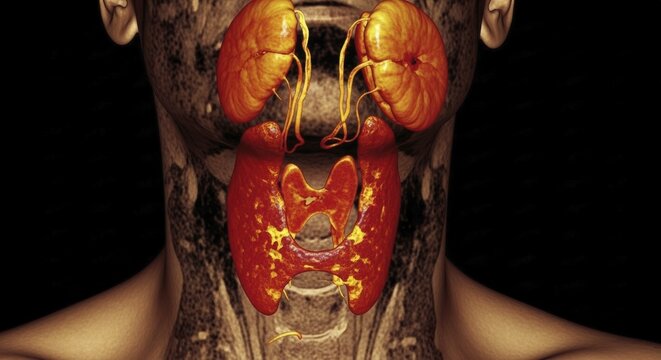 Detailed volumetric rendering of the human thyroid gland and parathyroid glands, showcasing their intricate anatomical relationships and vascular supply, AI generated