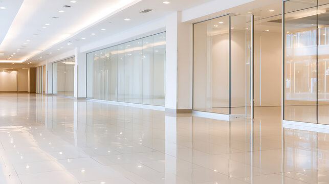 Modern Empty Shopping Mall Hallway with Reflective Floors and Glass Storefronts, Clean Bright Interior with Recessed Lighting