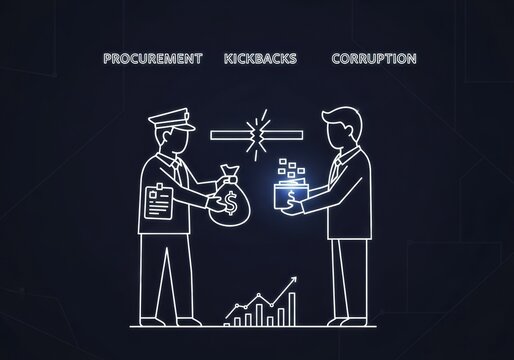 Illustration of a transaction depicting procurement kickbacks and corruption, featuring a bribe exchange, money flows infograhics ai illustration graphics, AI generated