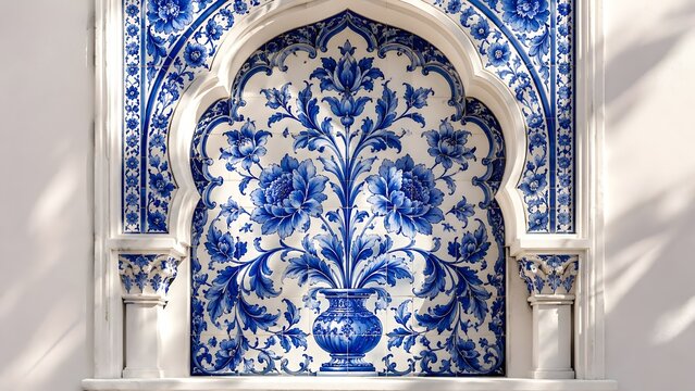 Blue and white floral tile mosaic with ornate vase