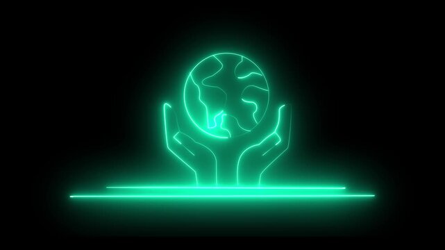 Glowing neon line Human hands holding Earth globe icon isolated animation .World humanitarian day. Animated vector illustration of hand and moving globe 4K video animation.