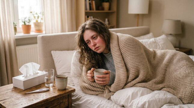 Sick young woman resting in bed wrapped in warm knitted blanket holding hot tea cup indoors