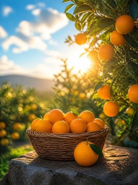  a sun-drenched low-angle shot. a rustic woven wicker basket overflowing with bright, glossy, vibrant orange citrus fruits rests on a rough, textured cool-grey stone slab.