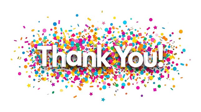 Thank you text graphic with colorful confetti explosion on a white background