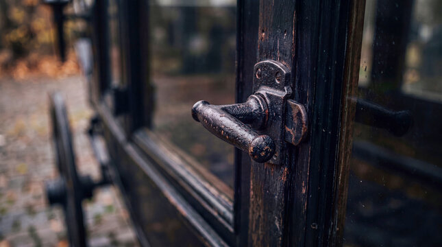 Close-up of a vintage black metal door handle on an antique funeral carriage