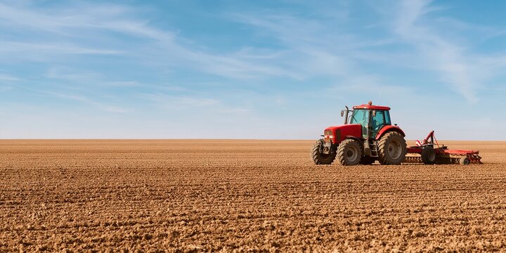 Tractor pulling agricultural machinery for farming and soil cultivation on land