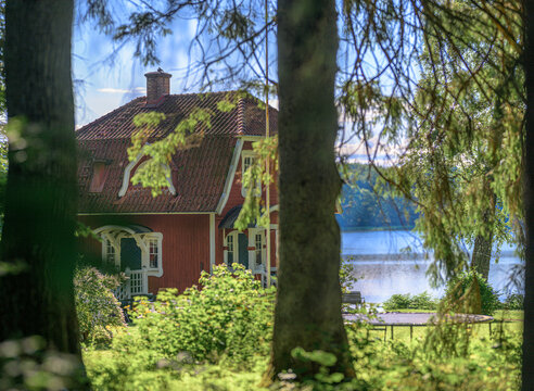 Red lakeside cottage framed by lush summer forest trees.