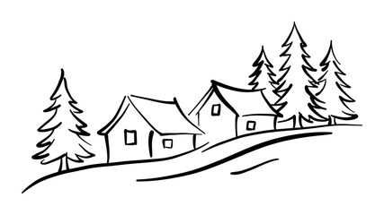Fototapeta premium Black and white line drawing of two houses on a hill with pine trees