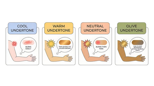 Skin undertone guide illustrates sun sensitivity and tanning reactions across four different skin tones.