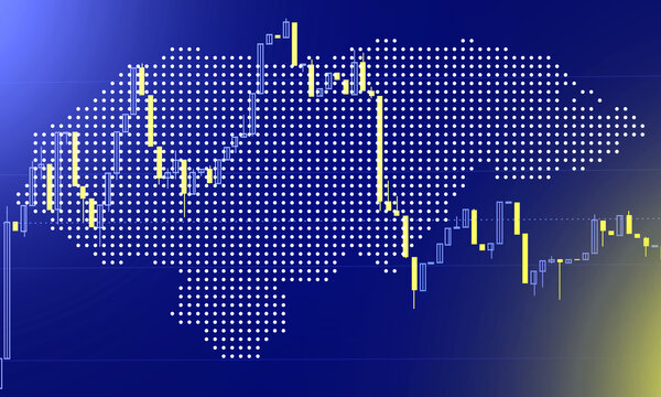 Digital stock market candlestick chart overlaid on a dotted map silhouette of Honduras representing national economy and financial trading.