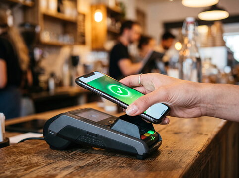Customer Making Contactless Payment with Smartphone at Store Checkout Counter