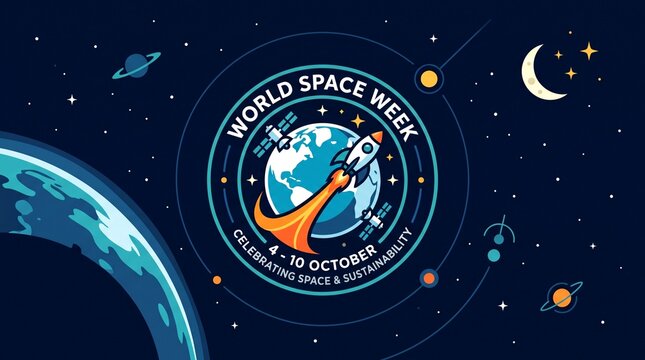 Isometric space exploration infographic celebrating World Space Week with rocket launch satellite stations and lunar rover on blue background