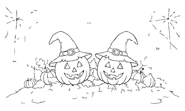 Halloween Pumpkins with Witch Hats and Spiderwebs Outline Vector Design