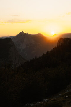 Sunset over the Maglic mountain massif seen from Prijevor saddle in Sutjeska National Park, the highest peak of Bosnia and Herzegovina at golden hour.