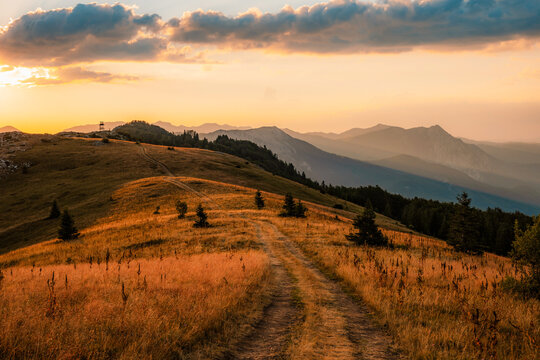 Sunset over the Maglic mountain massif seen from Prijevor saddle in Sutjeska National Park, the highest peak of Bosnia and Herzegovina at golden hour.