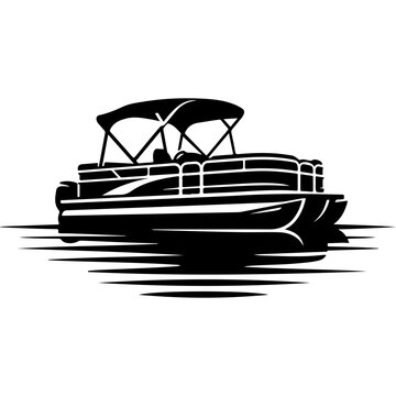 Pontoon boat vector silhouette, black and white party boat icon, luxury deck boat on water for lake life apparel and decals