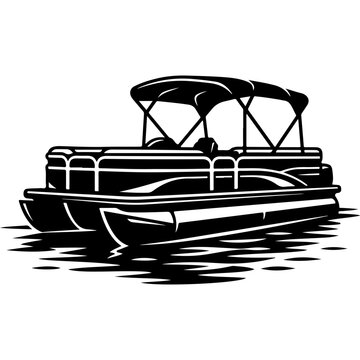 Pontoon boat vector illustration, black and white nautical vessel icon, recreational deck boat silhouette for lake life apparel