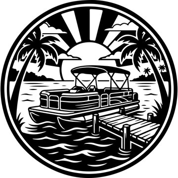 Vintage pontoon boat emblem, tropical sunset beach scene with palm trees and dock, black and white nautical vector badge for apparel