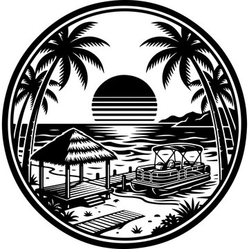 Vintage tropical beach emblem with pontoon boat and palm trees. Retro sunset island landscape vector. Summer vacation coastal logo.