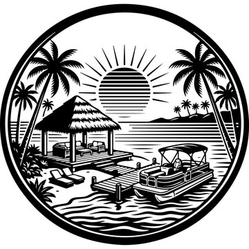 Vintage tropical beach emblem, black and white pontoon boat vector, summer island resort sunset illustration with palm trees