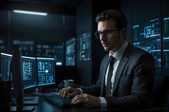 A professionally dressed man wearing glasses is standing inside a dark, high-tech control room or data center. Multiple illuminated computer screens and digital interfaces surround him, creating a fut