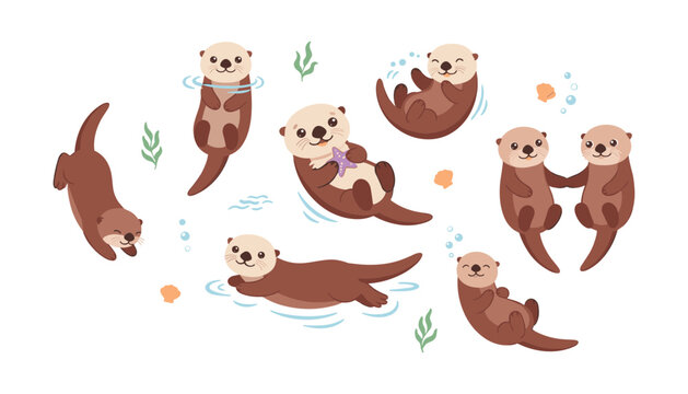 Cute Sea Otter Illustration Set with Swimming, Floating, Playing, and Diving Aquatic Animals in Colorful Cartoon Style