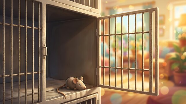Small mouse in cage with open door looking out at sunny room