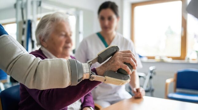 Elderly woman participating in physical therapy session with a robotic exoskeleton device to improve hand and arm mobility with a therapist