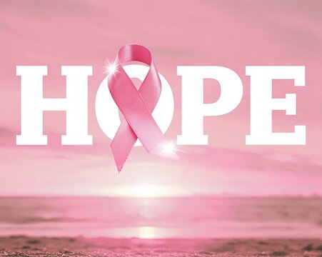 Breast cancer awareness pink ribbon with hope word on a soft sunset ocean background